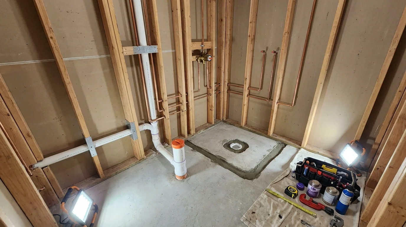 Bathroom rough-in plumbing during remodel by Johns Plumbing LLC in Chilhowie