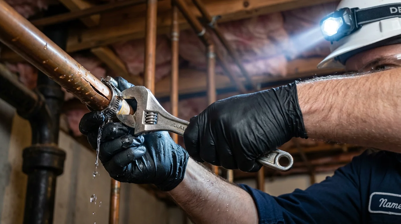 Emergency pipe clamp repair being performed by a Johns Plumbing LLC plumber in Chilhowie