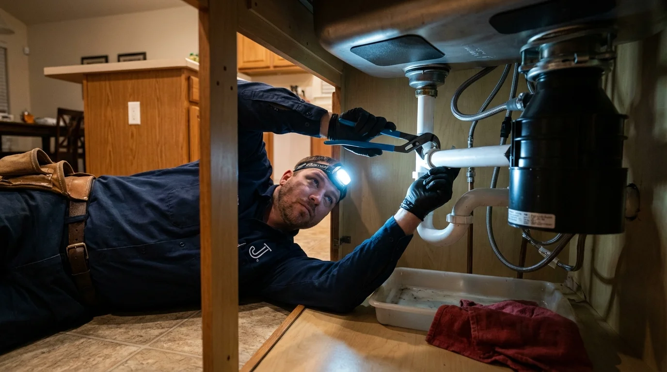 P-trap and supply line connections under a kitchen sink showing a common leak point in Chilhowie, VA